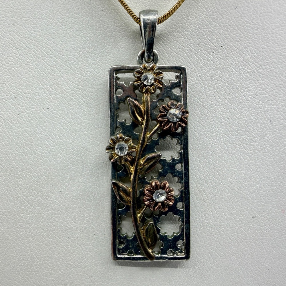 Silver Tone Flower Cutout Necklace Floral Pendant Gold Tone Chain Statement Gift